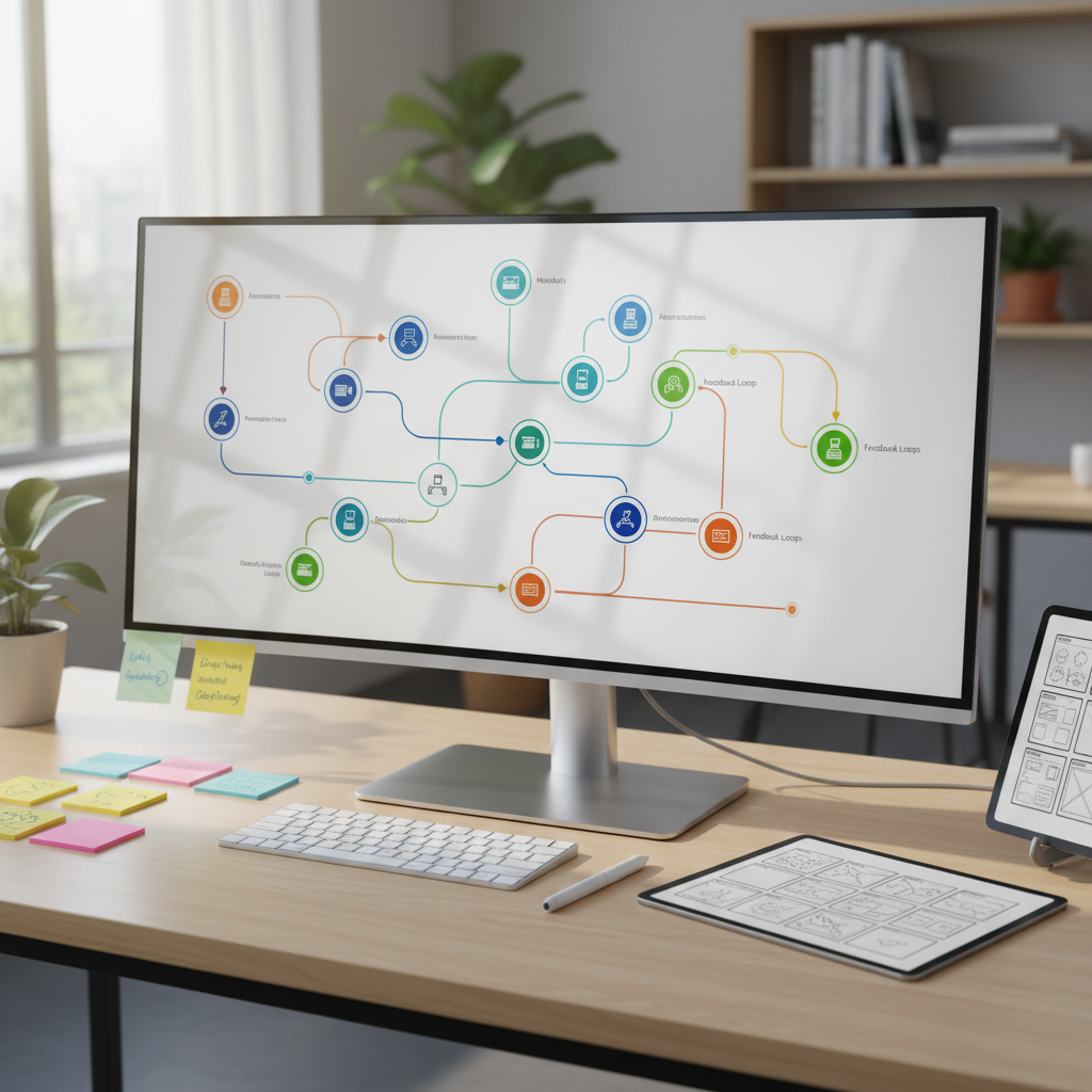 A sleek, modern digital workspace displayed on a large, frameless ultra-wide monitor showing a colorful, branching learning journey map with icons representing modules, assessments, and feedback loops. The monitor sits on a light wood desk with a minimalist keyboard and stylus tablet, surrounded by neatly arranged sticky notes and a tablet showing a storyboard of screens. Soft morning daylight from an unseen window washes across the desk, creating gentle reflections on the monitor’s glass and subtle shadows from the devices. Photographic realism at eye level, with a shallow depth of field that blurs the clean office background. The atmosphere feels focused, professional, and quietly creative, capturing instructional design as the craft of intentionally shaping learner experiences through digital tools.