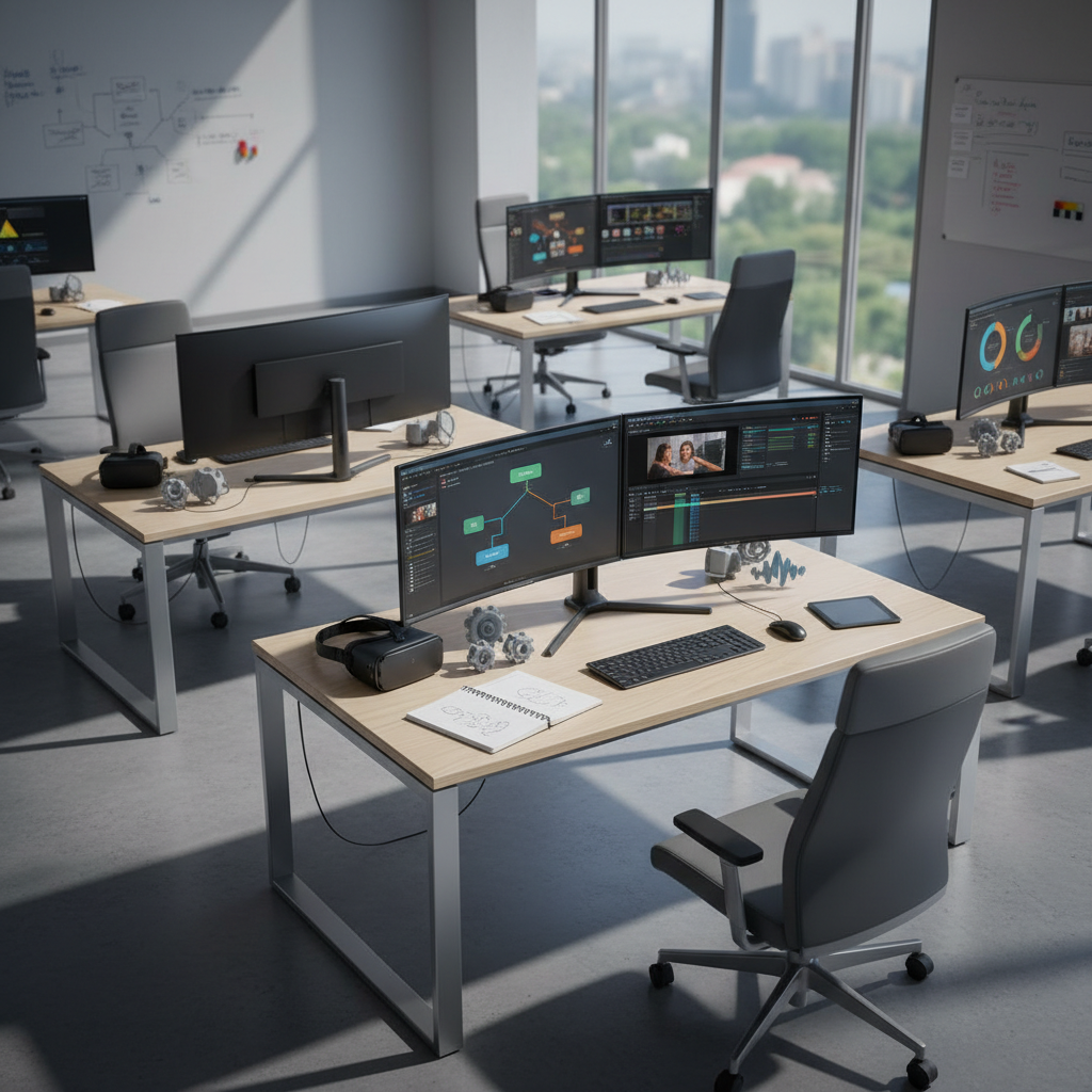 A high-resolution photograph of a modern learning lab featuring multiple workstations, each with dual monitors displaying different stages of an eLearning course: one shows an interactive branching scenario, another a video timeline in an editing suite, and a third a dashboard of learner analytics with colorful charts. On nearby desks, 3D-printed icons, VR headsets, and neatly stacked notebooks suggest experimentation with emerging technologies. Large floor-to-ceiling windows let in bright but diffused daylight, casting soft, elongated shadows on polished concrete floors. Captured from a slightly elevated wide-angle perspective, the scene has sharp focus throughout. The mood is innovative and energetic yet professional, emphasizing technology-rich environments where instructional design, content creation, and engagement strategies converge.