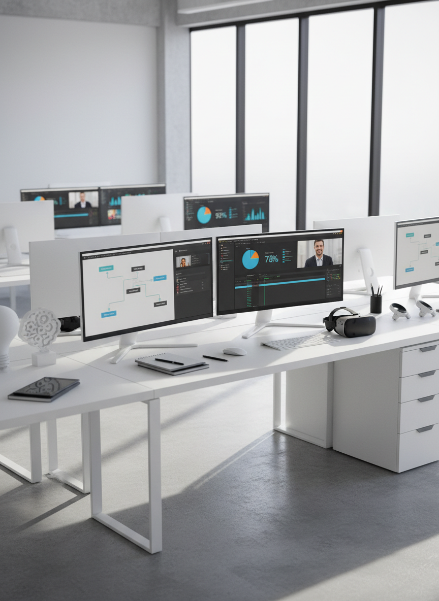 A high-resolution photograph of a modern learning lab featuring multiple workstations, each with dual monitors displaying different stages of an eLearning course: one shows an interactive branching scenario, another a video timeline in an editing suite, and a third a dashboard of learner analytics with colorful charts. On nearby desks, 3D-printed icons, VR headsets, and neatly stacked notebooks suggest experimentation with emerging technologies. Large floor-to-ceiling windows let in bright but diffused daylight, casting soft, elongated shadows on polished concrete floors. Captured from a slightly elevated wide-angle perspective, the scene has sharp focus throughout. The mood is innovative and energetic yet professional, emphasizing technology-rich environments where instructional design, content creation, and engagement strategies converge.