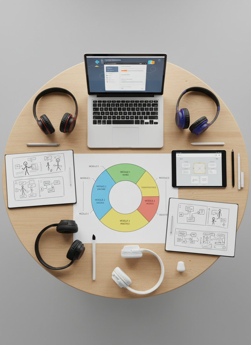 An overhead photographic view of a circular table filled with instructional design artifacts: a printed course blueprint with color-coded sections, a wireframed tablet screen, a laptop open to an LMS dashboard, and a set of sketchpads showing hand-drawn storyboards of interactive scenarios. Several distinct sets of wireless headphones and differently styled stylus pens lie around the table to imply varied learner profiles without depicting people. Soft, diffused studio lighting creates even illumination, with mild shadows defining each object. The composition uses a perfect top-down perspective with everything arranged in a balanced radial pattern. The mood is organized and methodical yet imaginative, highlighting the structured process behind building engaging, technology-enhanced learning experiences.