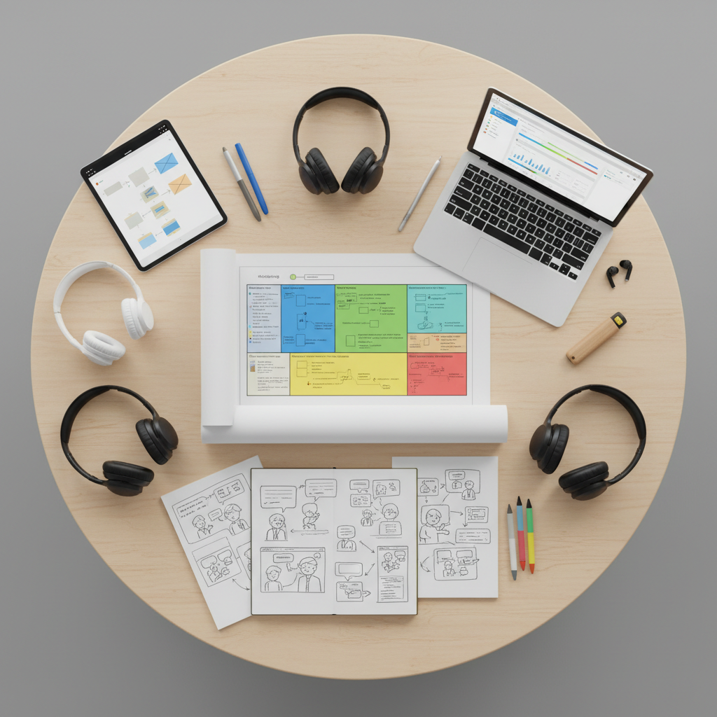 An overhead photographic view of a circular table filled with instructional design artifacts: a printed course blueprint with color-coded sections, a wireframed tablet screen, a laptop open to an LMS dashboard, and a set of sketchpads showing hand-drawn storyboards of interactive scenarios. Several distinct sets of wireless headphones and differently styled stylus pens lie around the table to imply varied learner profiles without depicting people. Soft, diffused studio lighting creates even illumination, with mild shadows defining each object. The composition uses a perfect top-down perspective with everything arranged in a balanced radial pattern. The mood is organized and methodical yet imaginative, highlighting the structured process behind building engaging, technology-enhanced learning experiences.