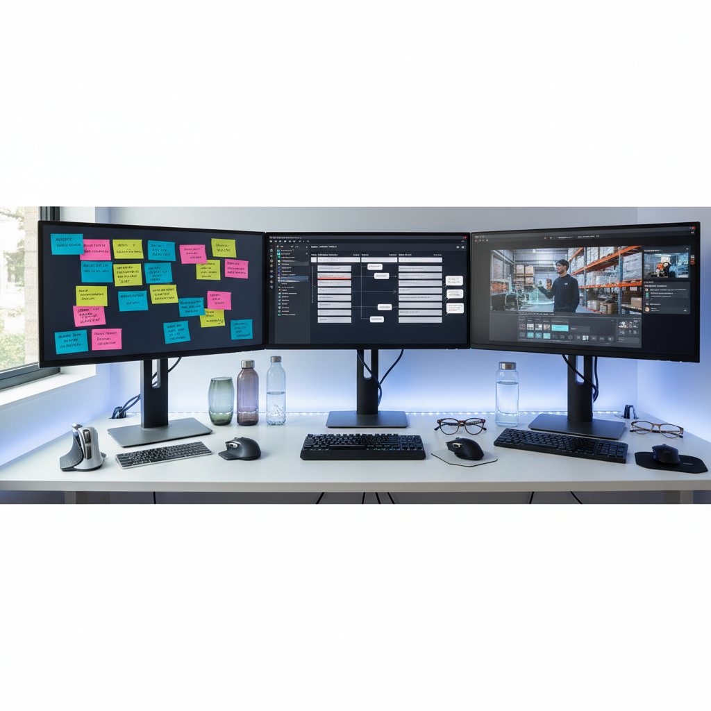 A panoramic, photographic view of a virtual collaboration setup: three large monitors on a clean, white desk, each displaying different collaborative tools. One shows a digital whiteboard covered with colorful sticky notes representing learner personas and engagement strategies. Another displays a timeline of a course development sprint with milestones and feedback cycles. The third reveals a prototype simulation in progress. On the desk, multiple ergonomic mice and keyboards, a collection of reusable water bottles, and varied eyeglasses frames suggest diverse collaborators without showing actual people. Cool, even LED lighting is balanced by soft daylight from a side window, giving the scene a crisp, modern feel. Captured from a standing eye-level perspective, the atmosphere is dynamic and strategic, highlighting how instructional design thrives on structured, tech-enabled collaboration.