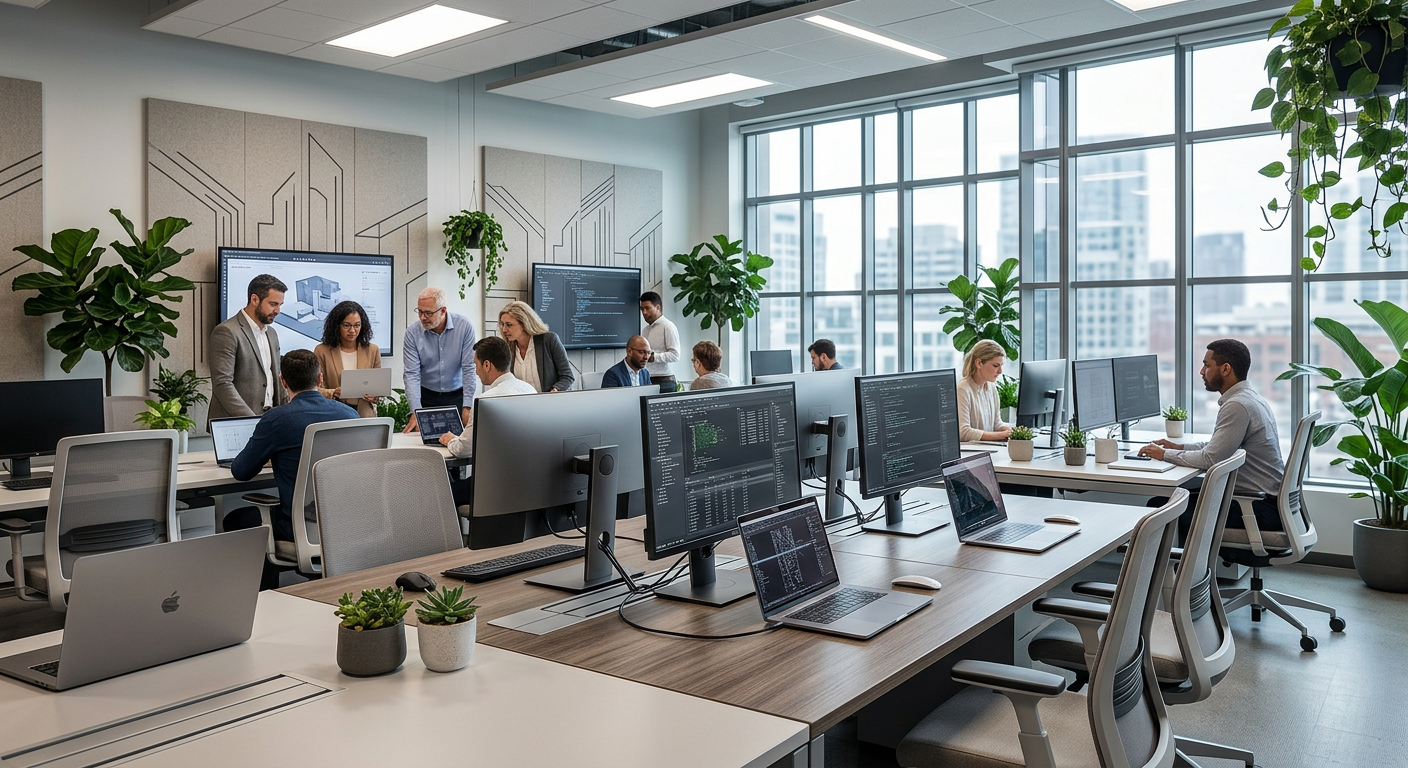 Office workspace with people collaborating and programming on computers